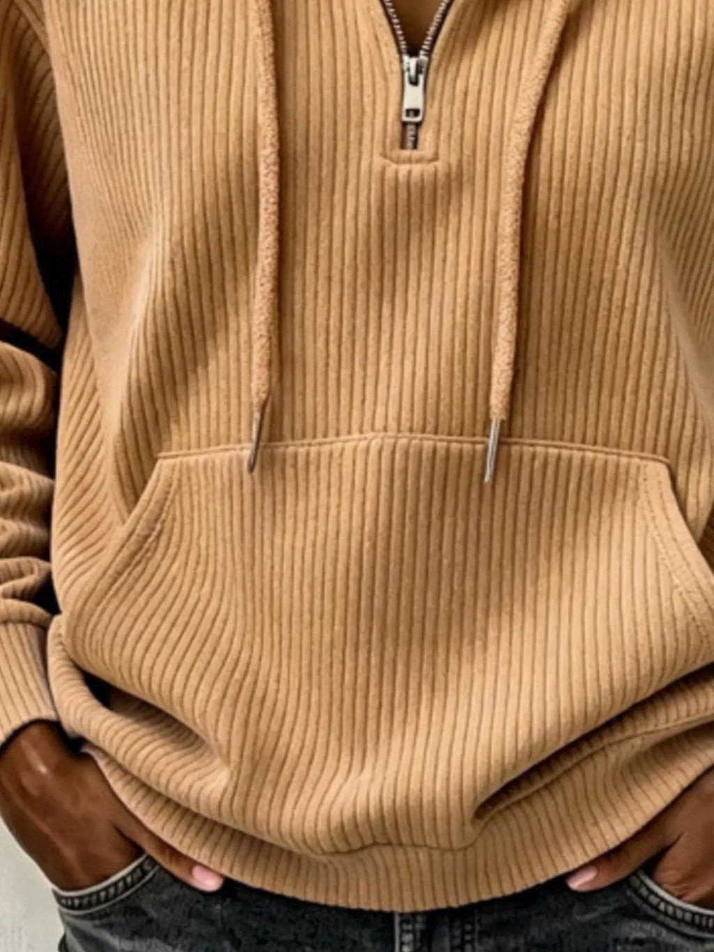 Tan ribbed Knit Quarter-Zip Hoodie — detail view
