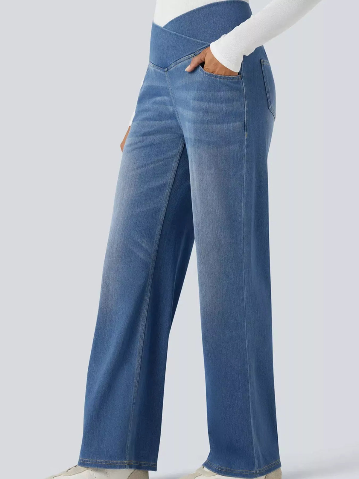 Light blue high-waisted crossover waistband straight-leg jeans