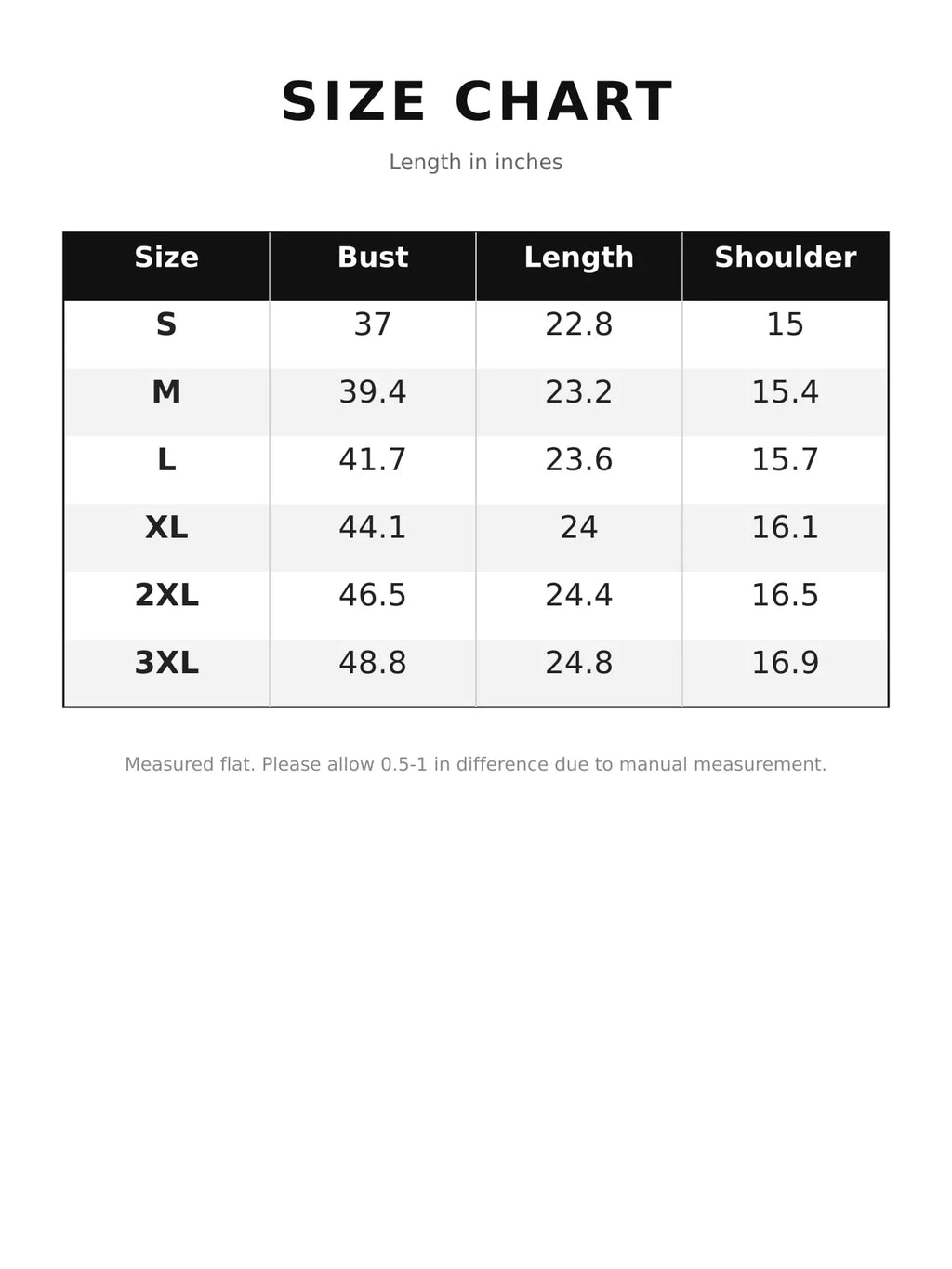 Size chart for the lightweight zip-up bomber jacket, with measurements in inches.