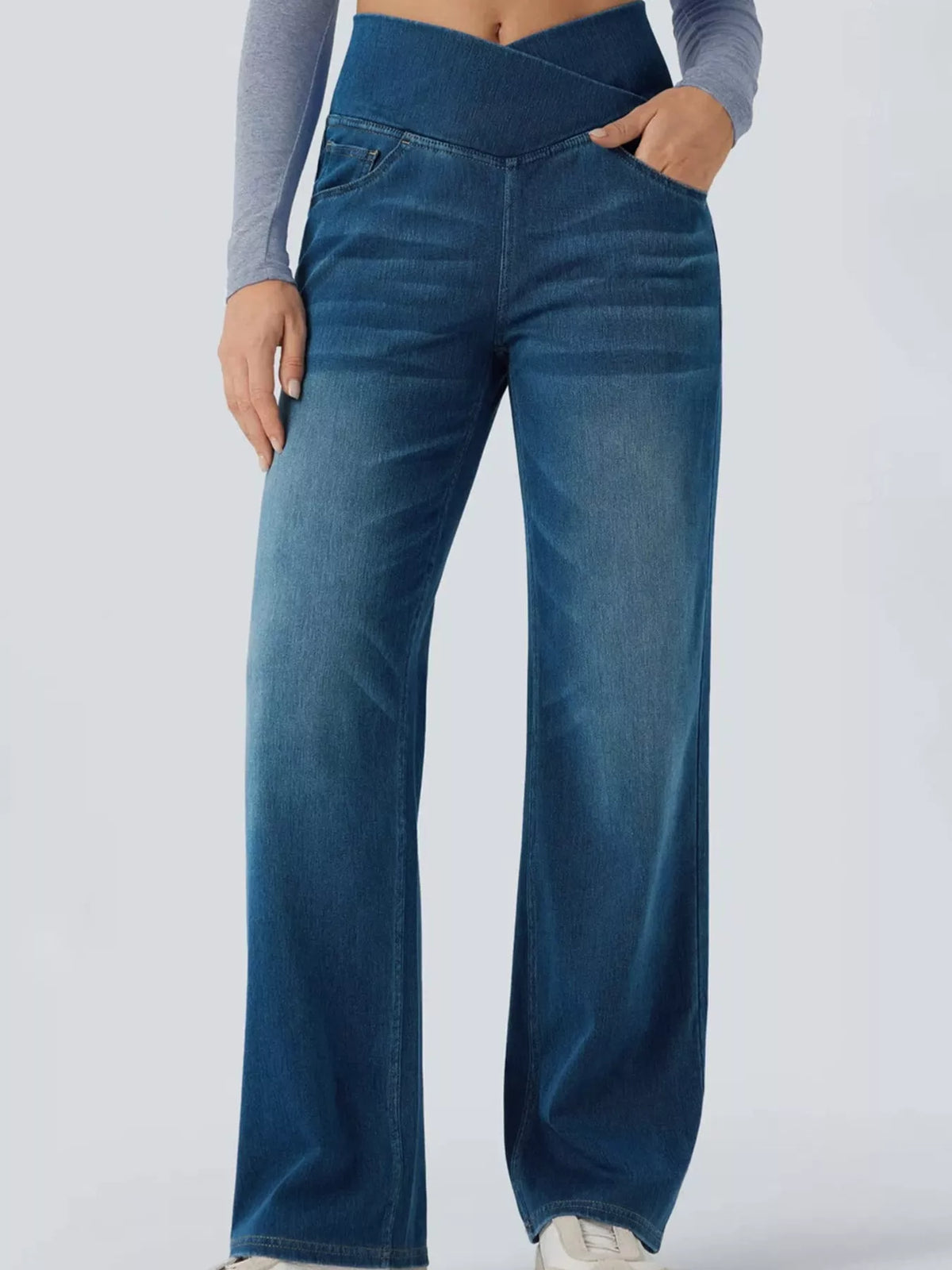 Blue high-waisted crossover waistband straight-leg jeans