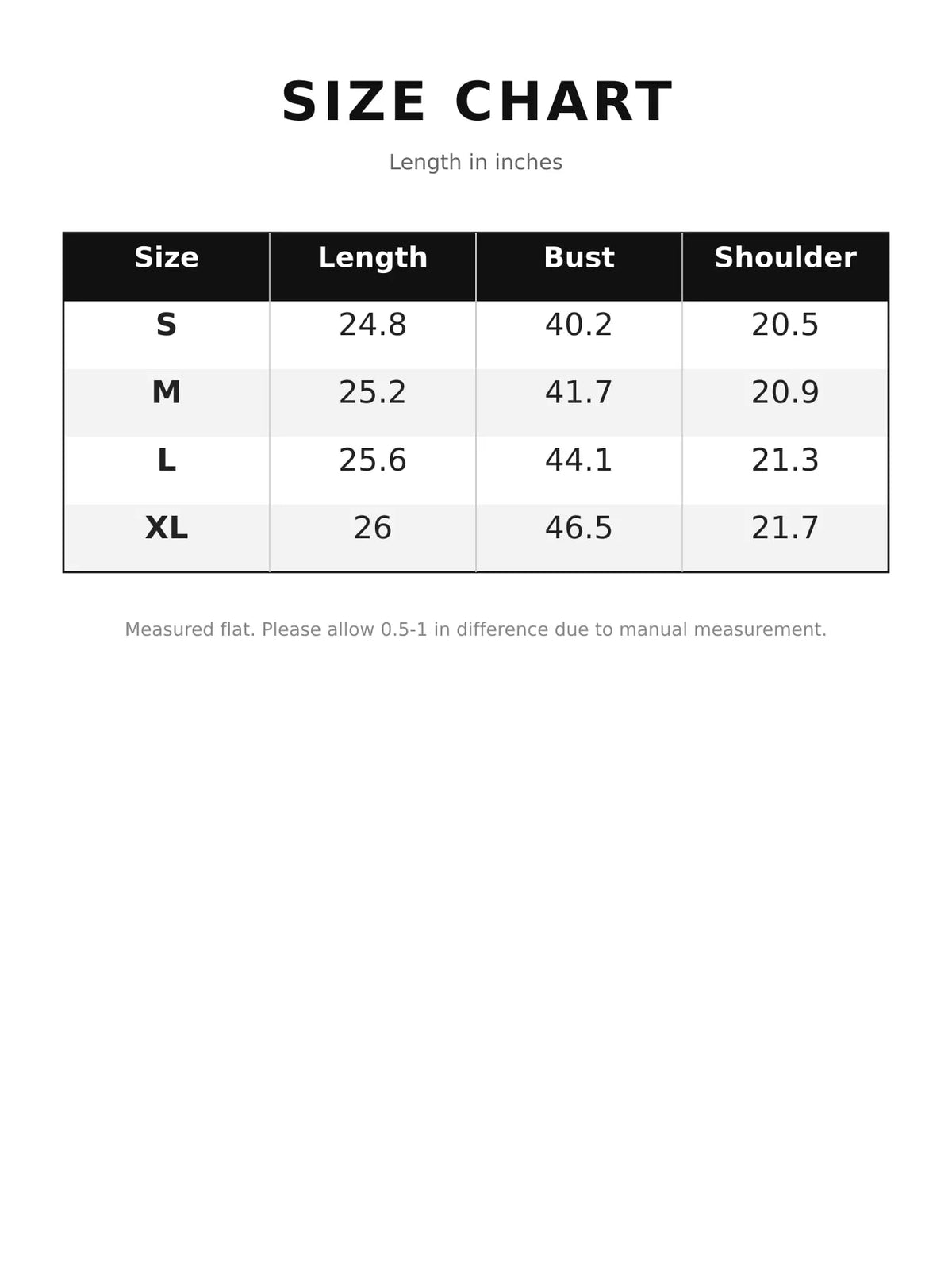 Size chart for the plush-trim button-up jacket, with measurements in inches.