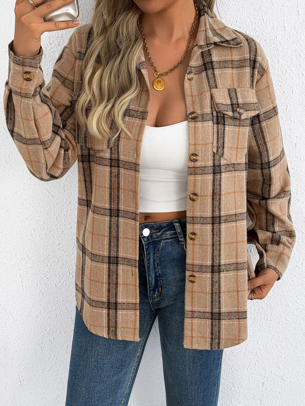 Camel plaid button-down shacket with chest pockets, front view.