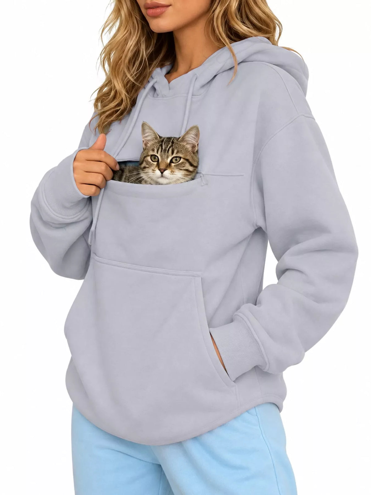 Gray cat Pouch Drawstring Hoodie