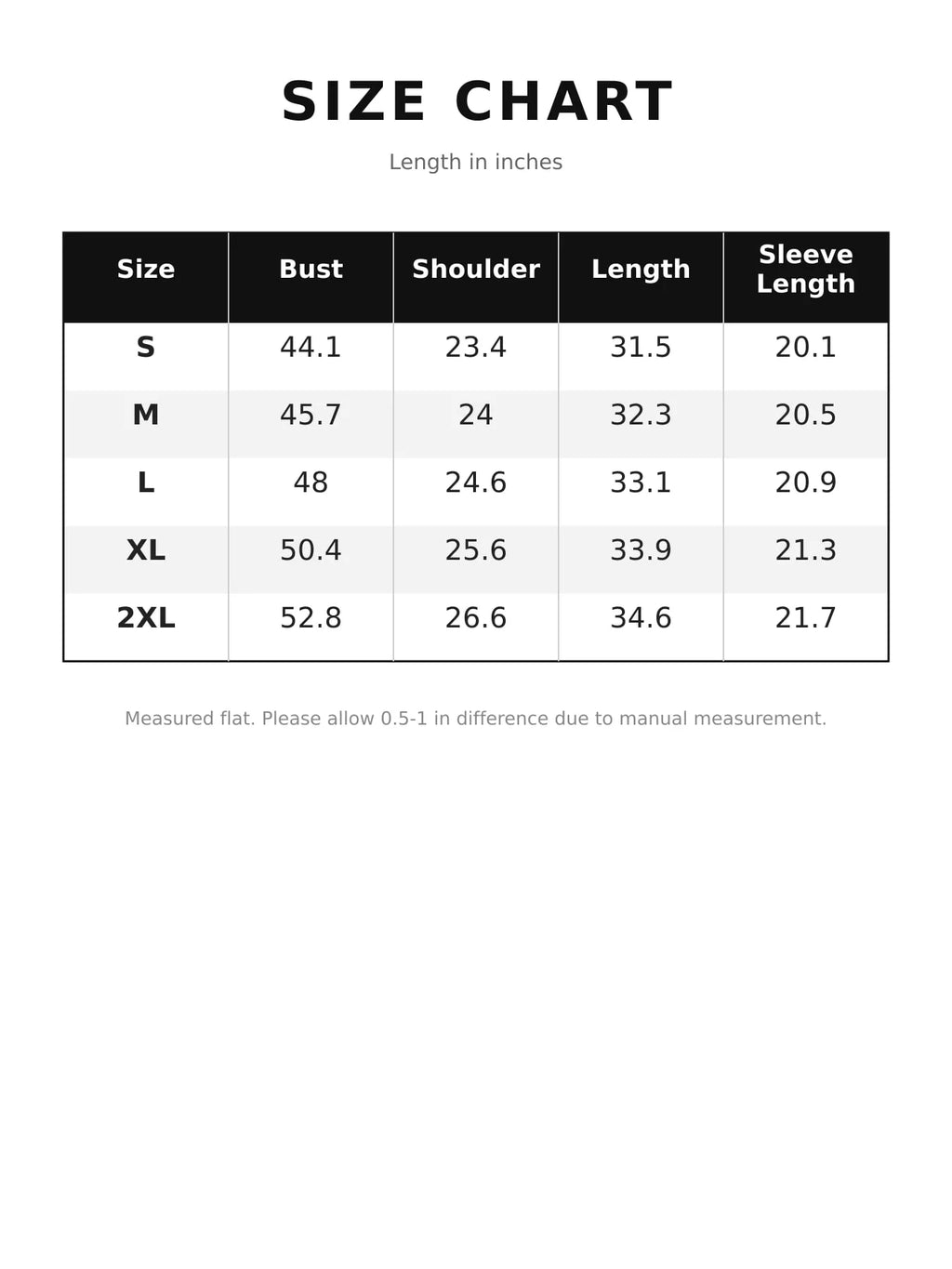 Size chart for the oversized plaid hooded jacket, with measurements in inches.