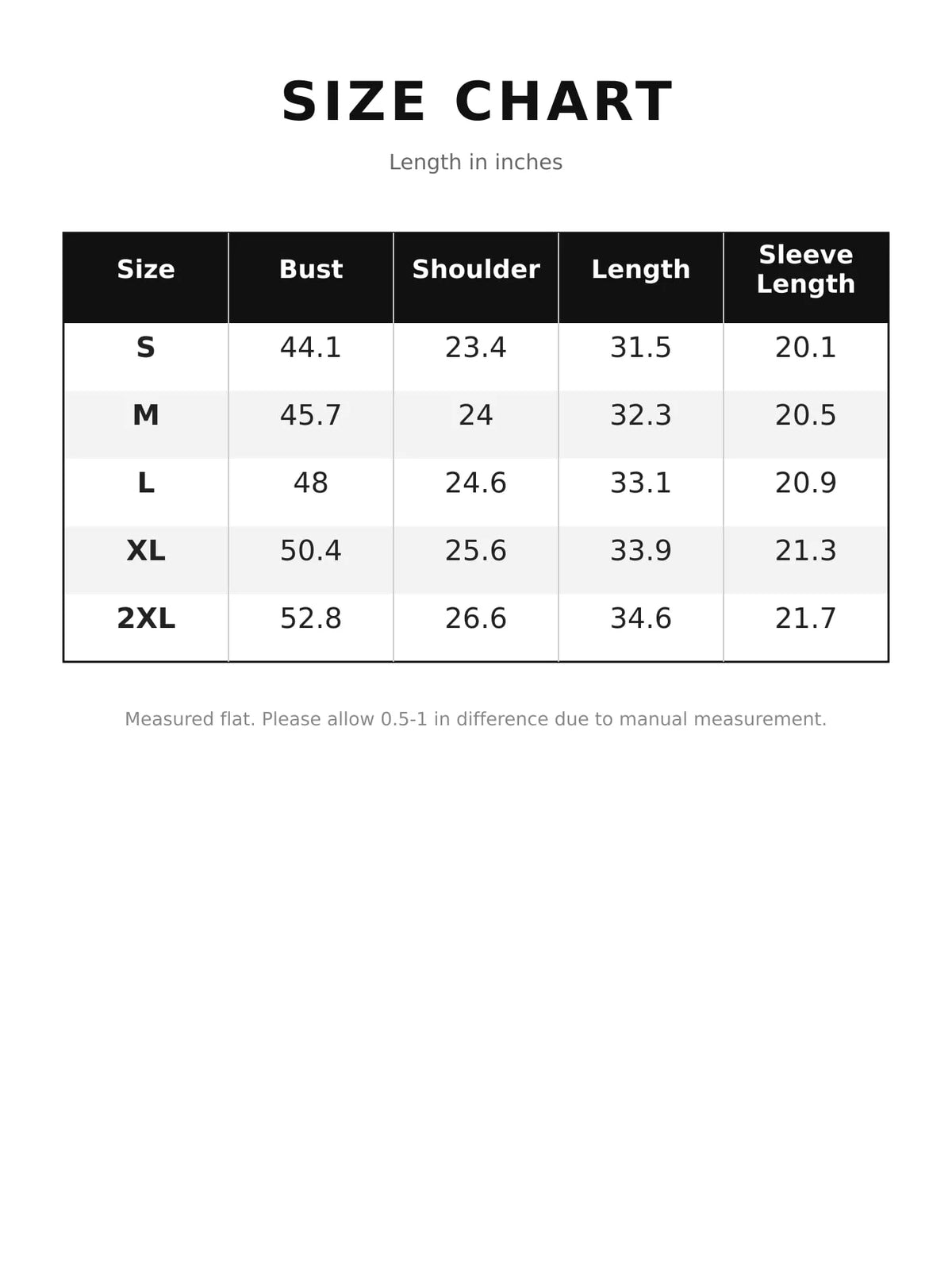 Size chart for the oversized plaid hooded jacket, with measurements in inches.
