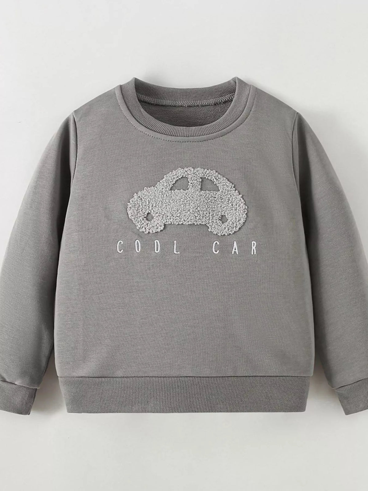Front product view of the gray children's Cool Car applique sweatshirt.