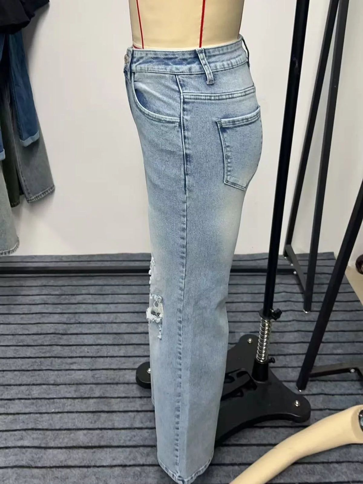 Light blue high-Waisted Distressed Wide-Leg Jeans — back view