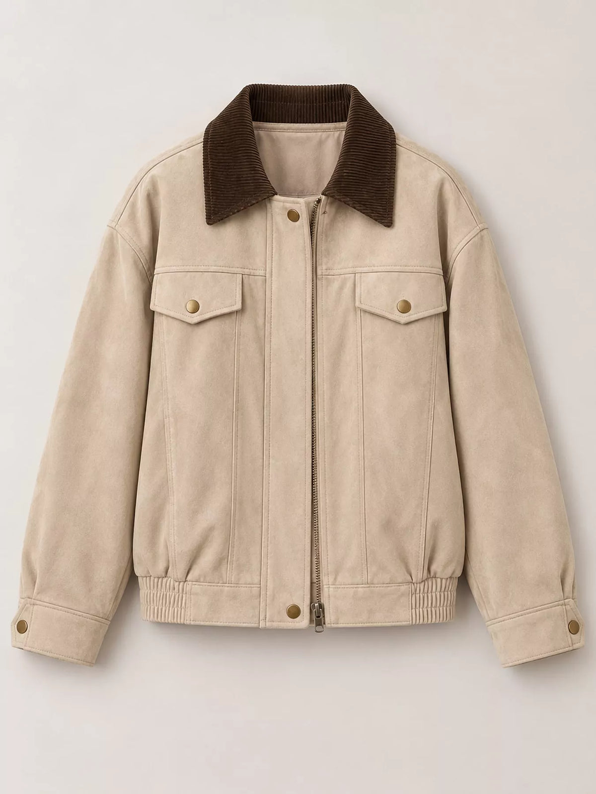 Front view of the apricot contrast-collar jacket on a mannequin.