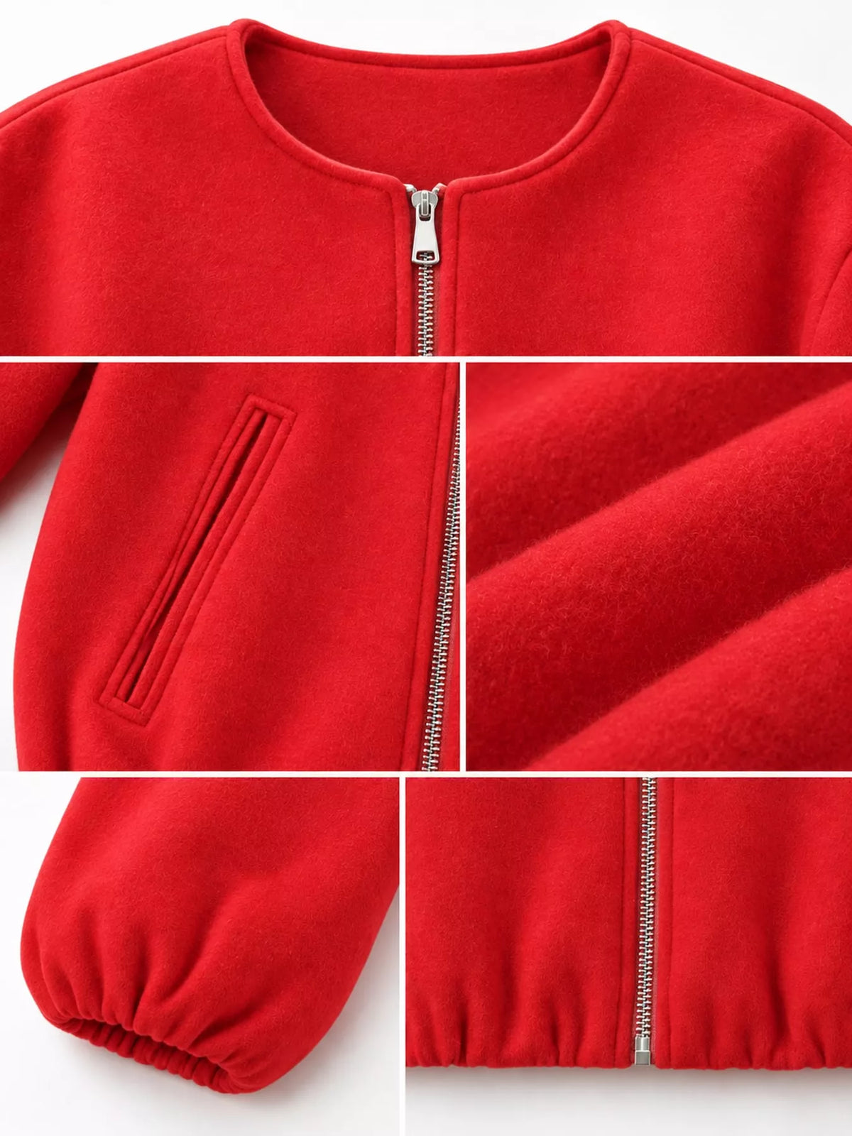 Collage of the bright-red jacket's round neckline, zipper, pocket, fabric, cuff and gathered hem.