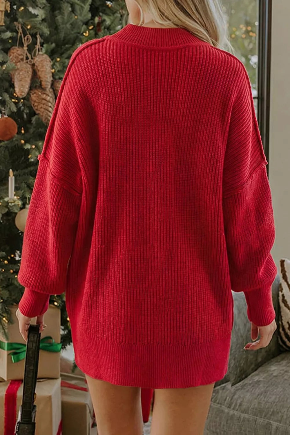 Red long Sleeve Ribbed Knit Stand Neck Sweater — back view
