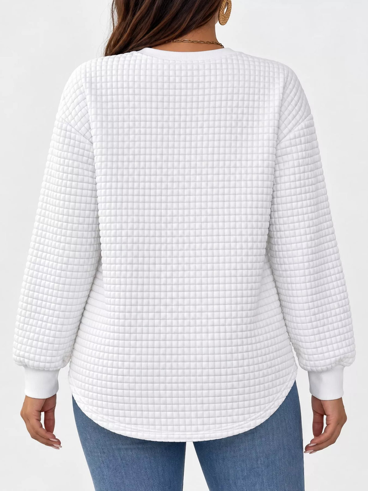 White textured Waffle Knit Crew Neck Sweatshirt — back view