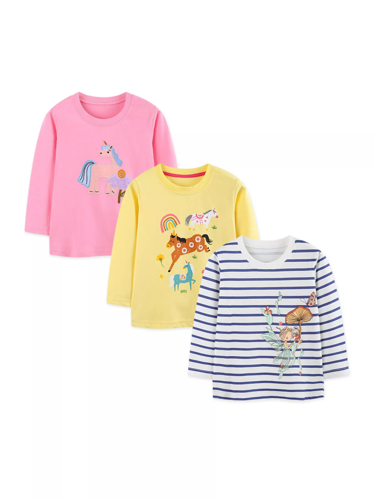 Pink, yellow and navy-striped children’s embroidered long-sleeve tops displayed together