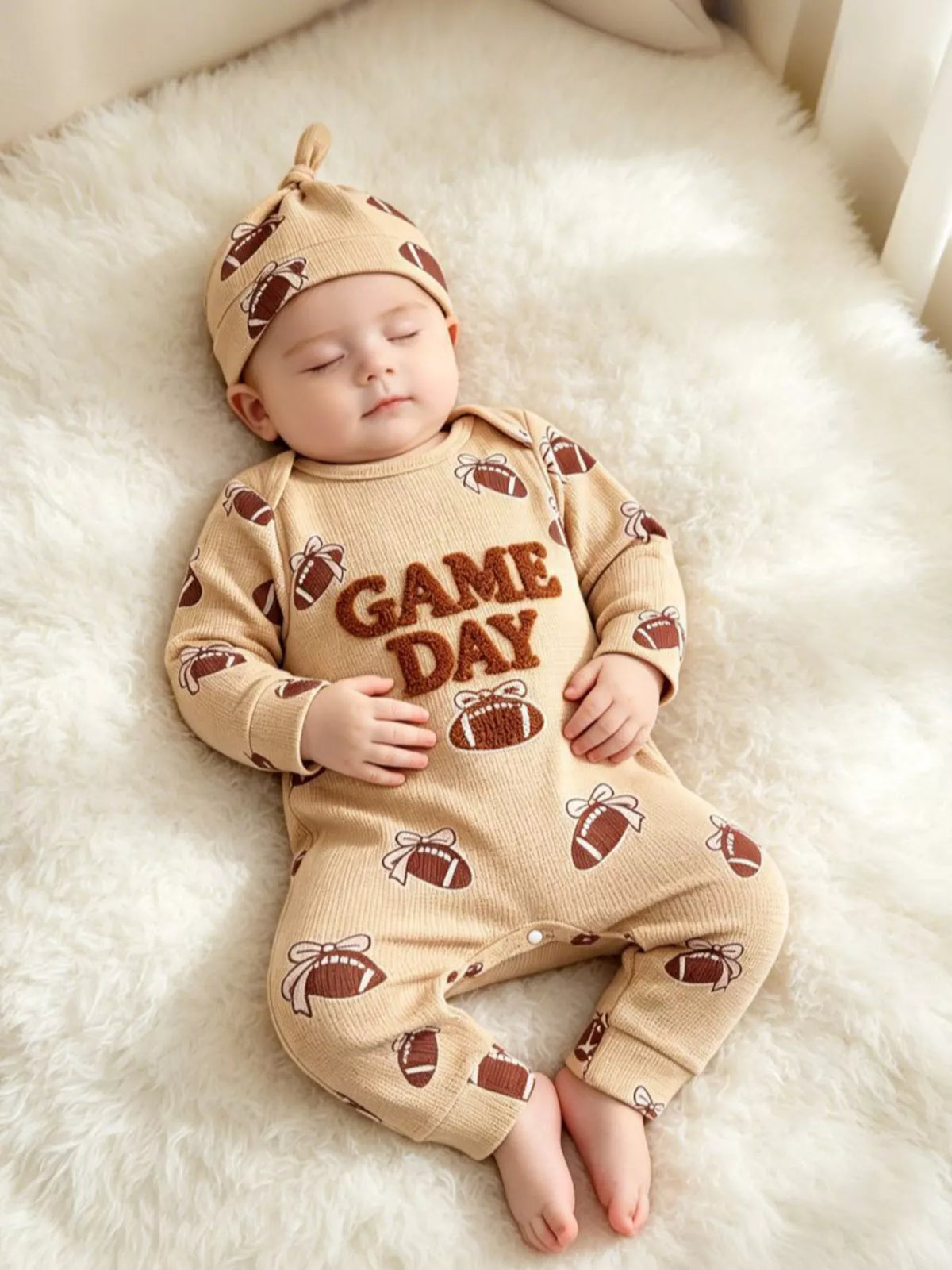 Children’s beige football-print Game Day jumpsuit and matching hat worn by a child