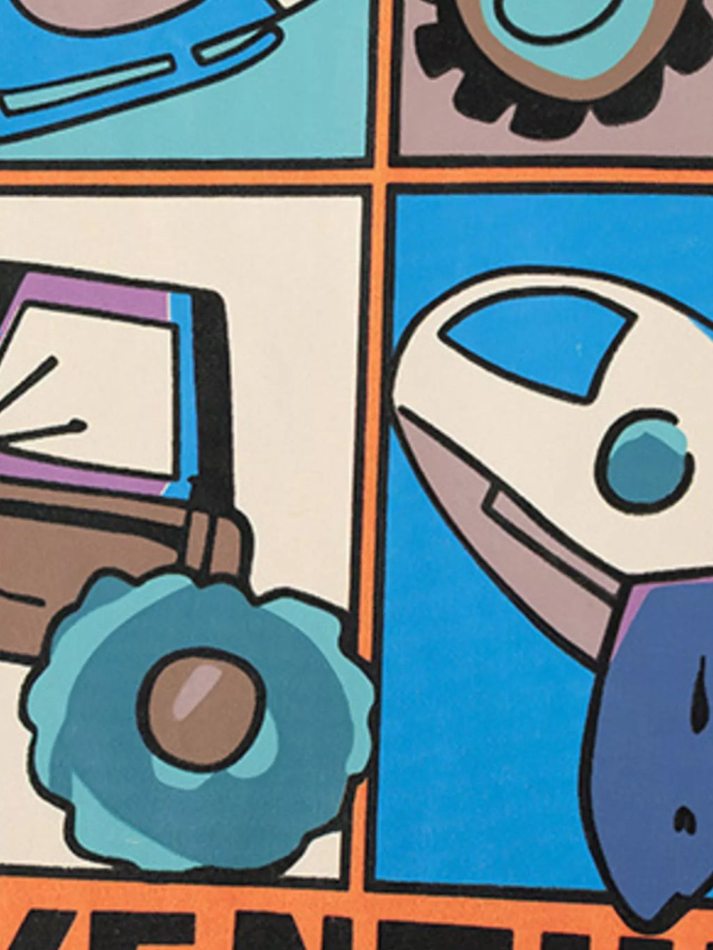 Close-up of the colorful helicopter, tractor and airplane illustrations on the orange shirt.