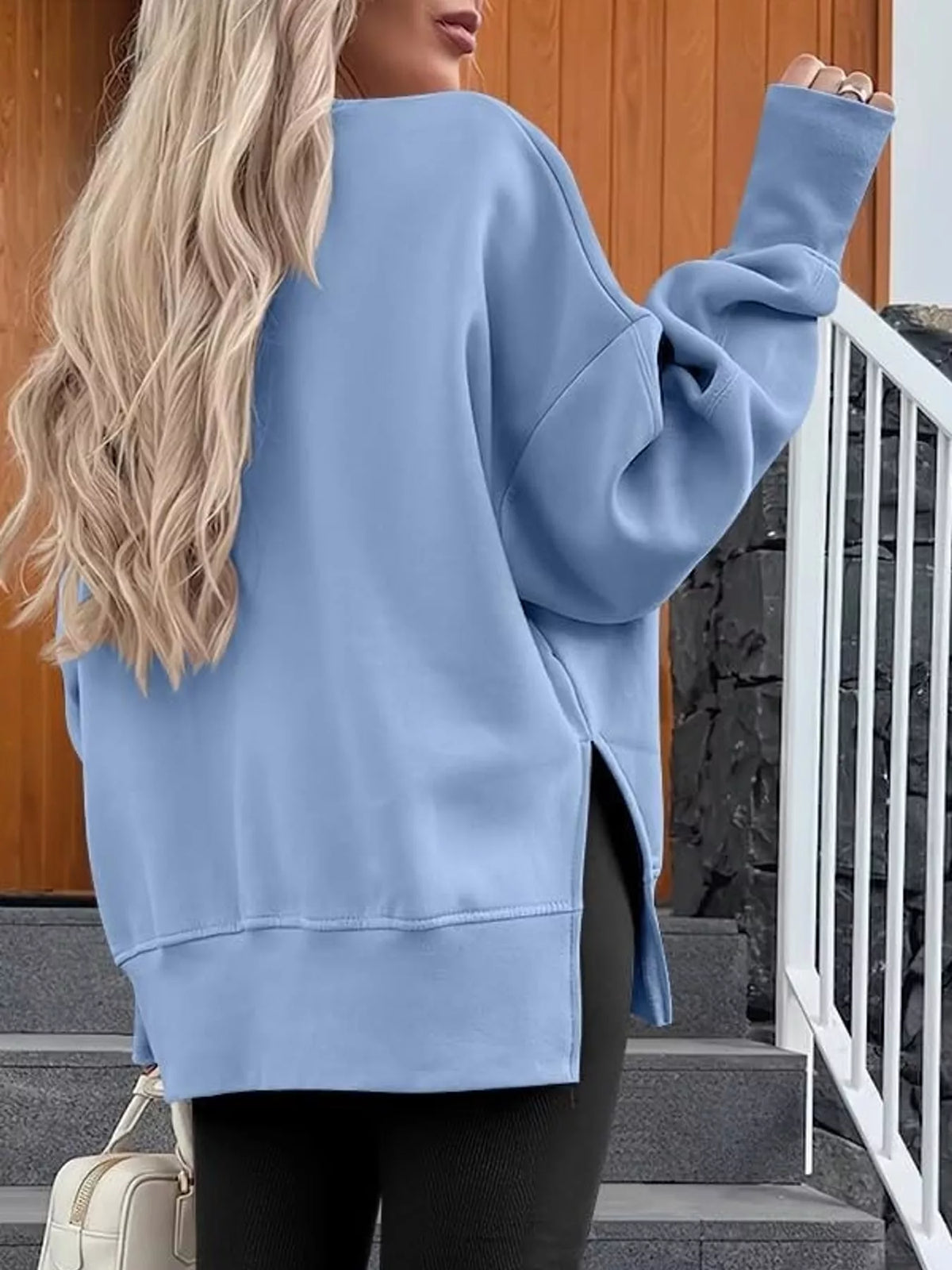 Blue oversized Crew Neck Sweatshirt with Side Slit — back view