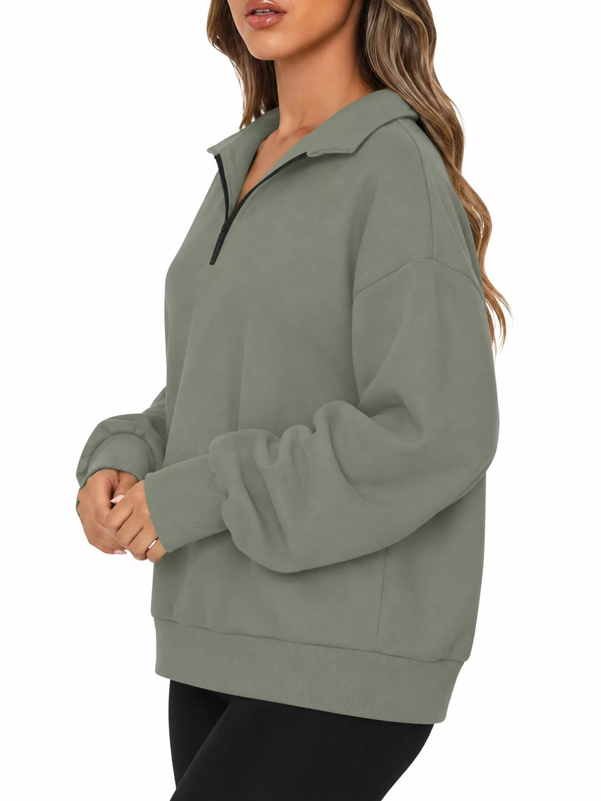 Olive green quarter-Zip Dropped Shoulder Sweatshirt