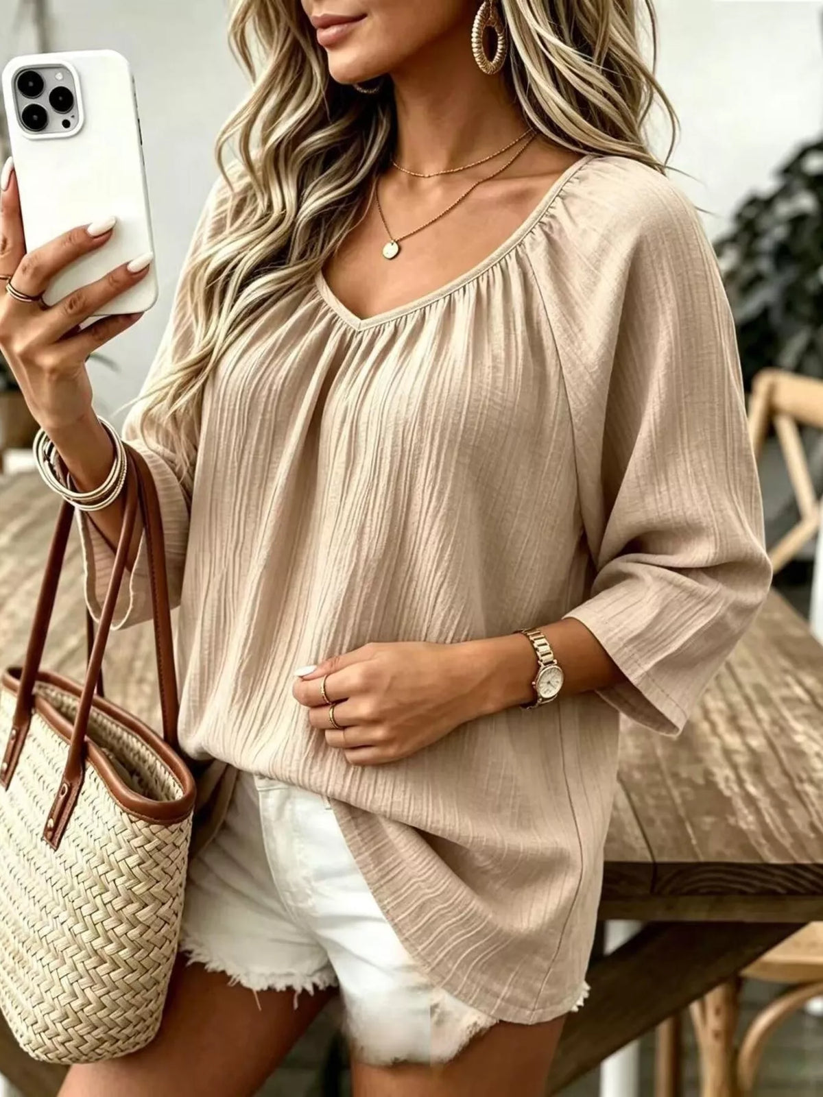 Beige textured V-Neck T-Shirt
