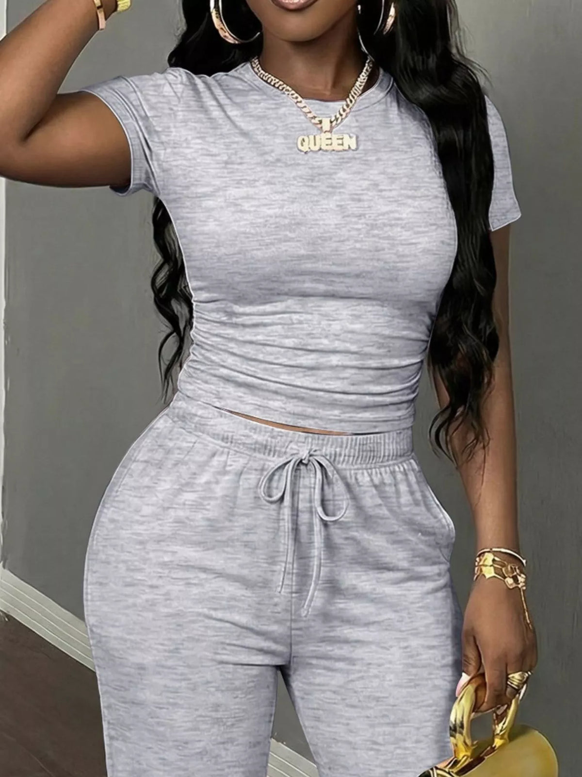 Gray short Sleeve Top and Wide Leg Pants Set — detail view