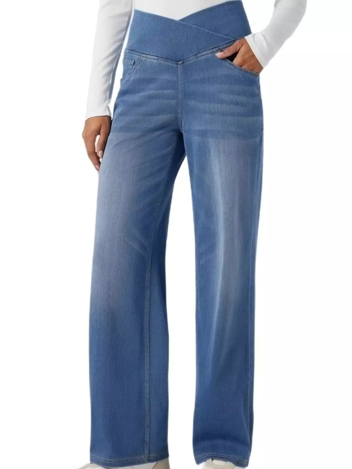 Light blue high-waisted crossover waistband straight-leg jeans