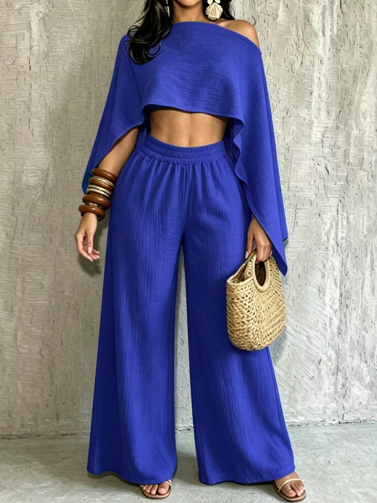 Royal blue boat Neck Crop Top and Wide-Leg Pants Set