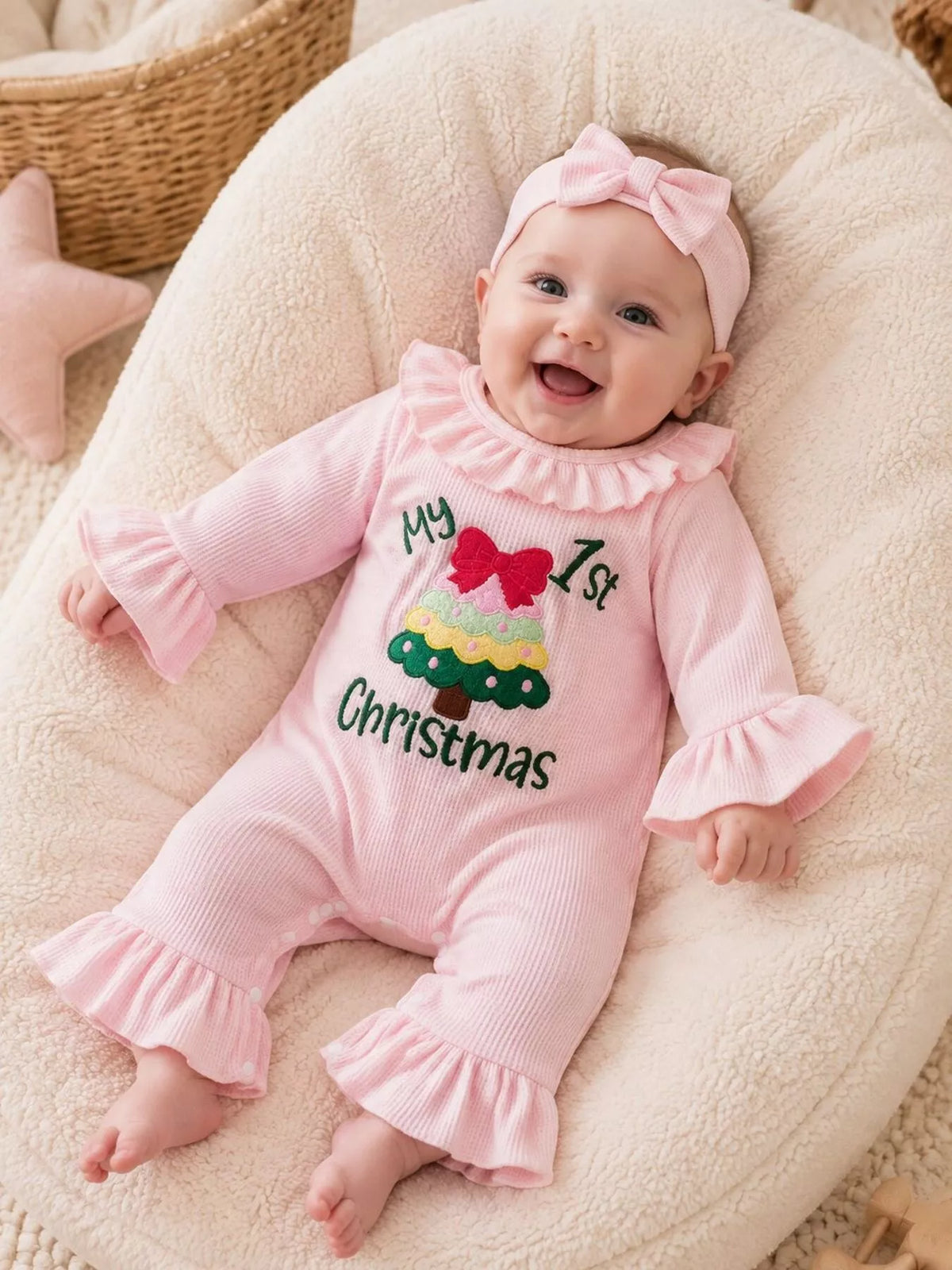 Baby wearing a pink My 1st Christmas romper with ruffle collar and flared cuffs.