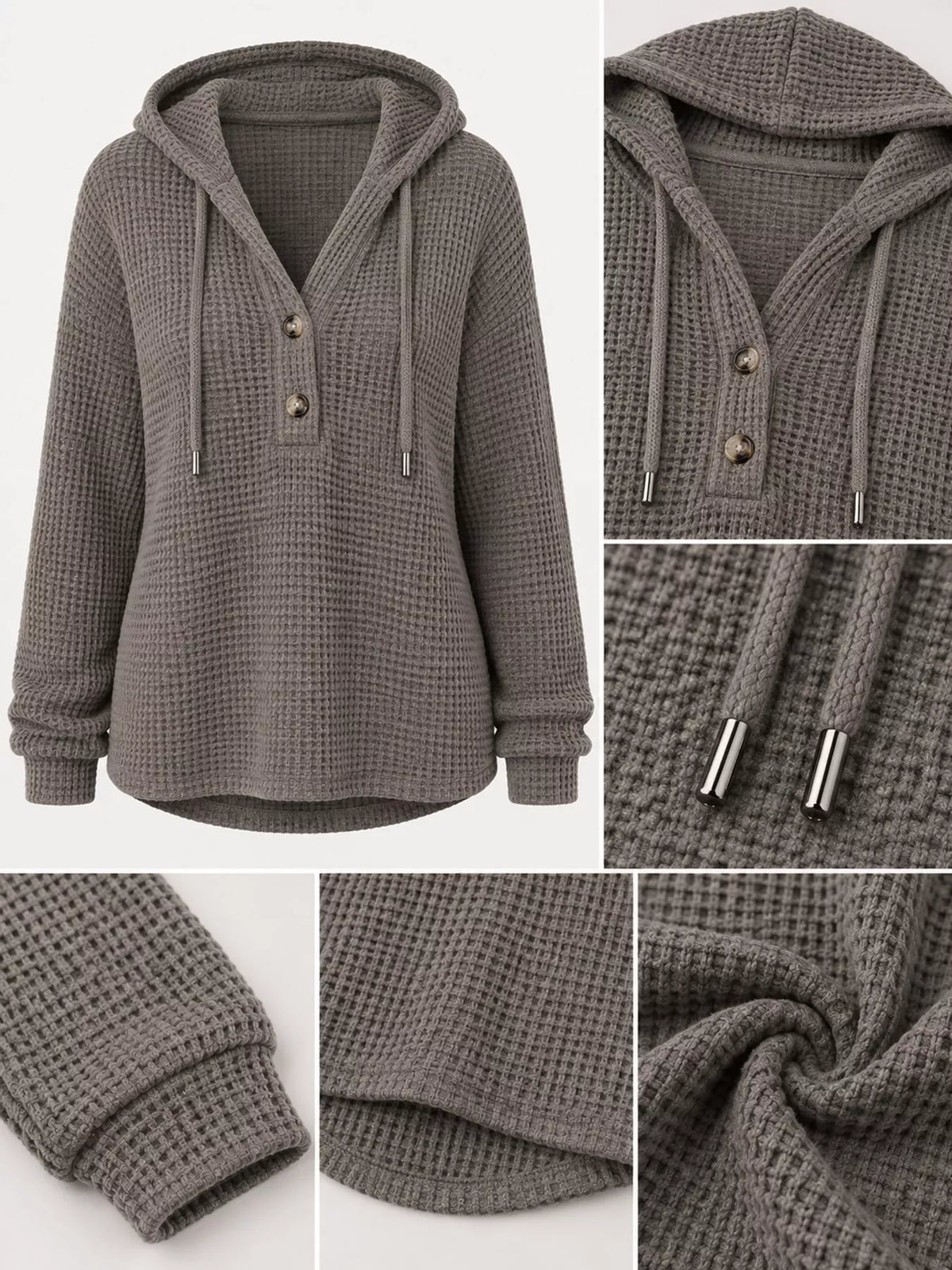 Gray waffle Knit Button Detail Hoodie — detail view