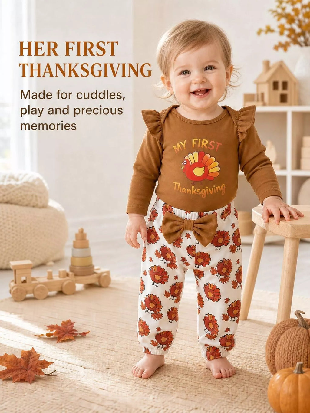 Baby wearing a brown My First Thanksgiving turkey bodysuit, printed pants and bow headband.