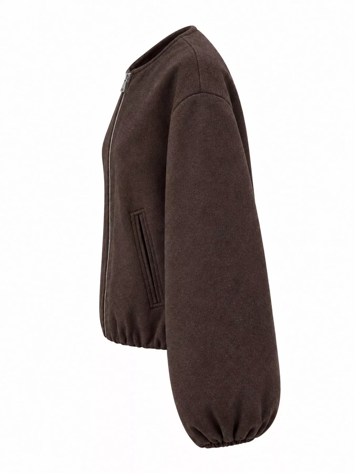 Coffee-brown round-neck zip-up jacket with gathered hem and sleeves, side view.