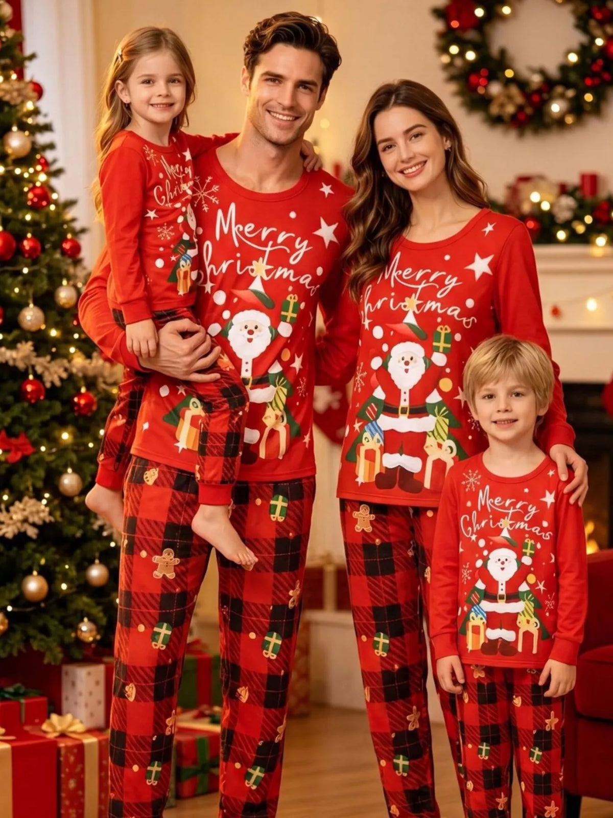 Family wearing matching red Merry Christmas tops and red plaid pajama pants beside a tree.