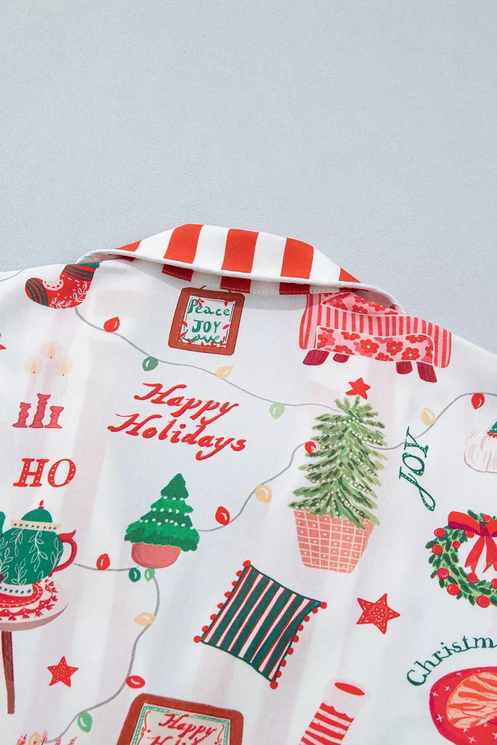 White striped Holiday Long Sleeve Two Piece Shift Home Wear Lounge Set — detail view