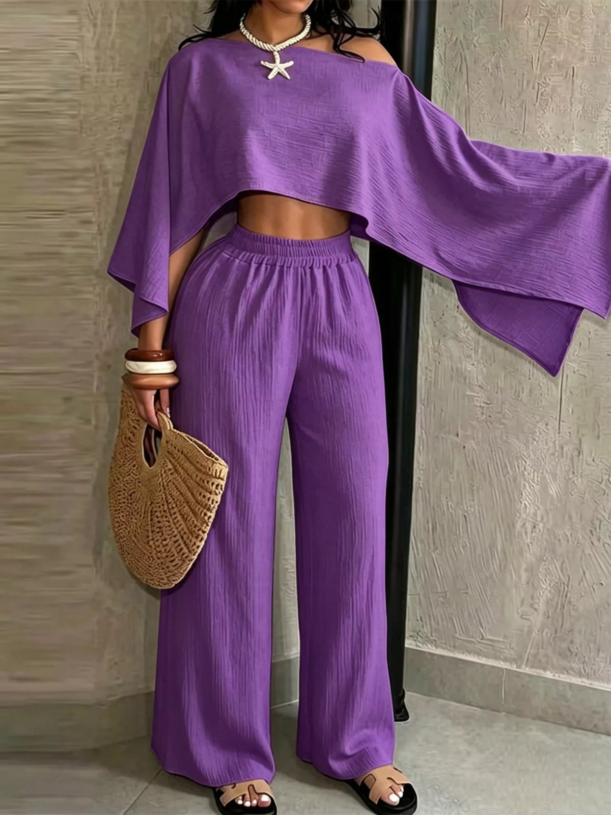 Purple boat Neck Crop Top and Wide-Leg Pants Set