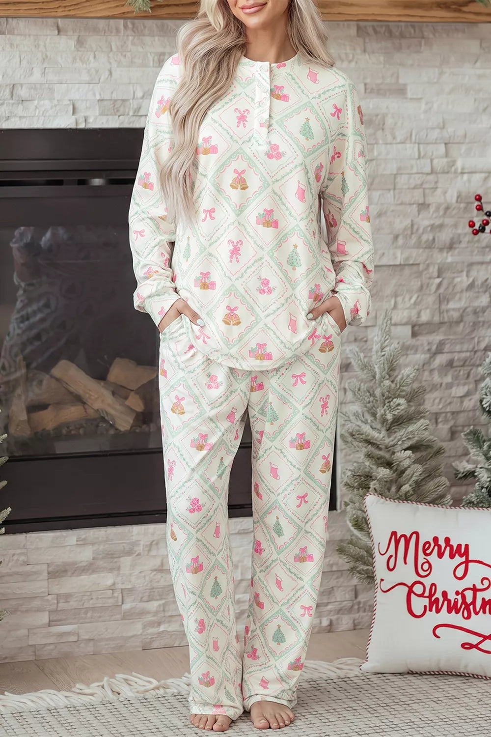 White long Sleeve Patchwork Shift and Pants Christmas Daily Wear Lounge Set