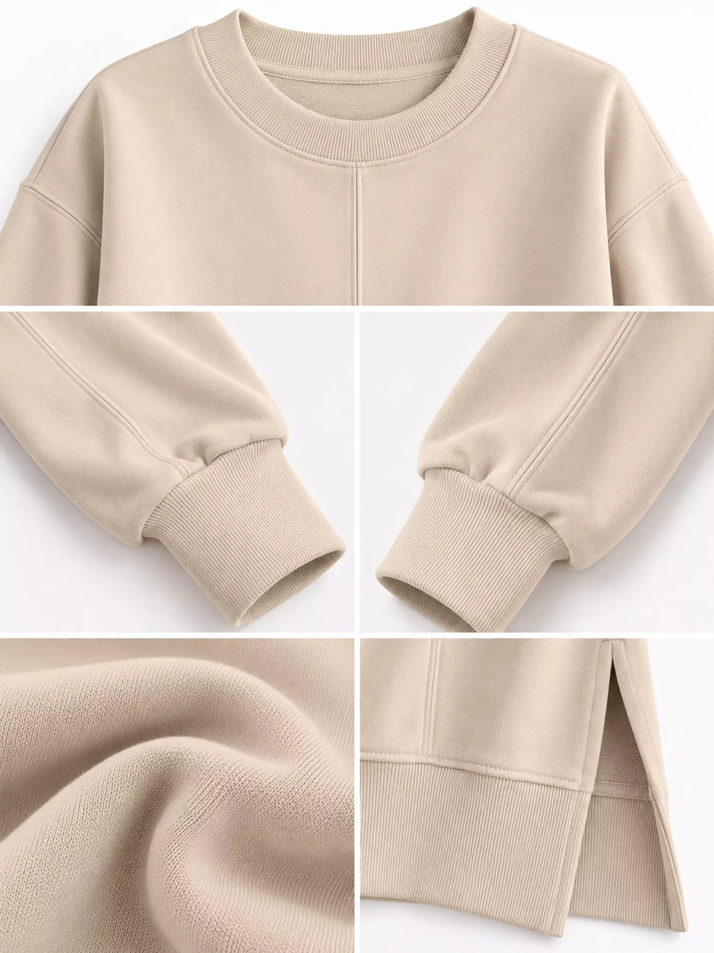 Beige oversized Crew Neck Sweatshirt with Side Slit — detail view