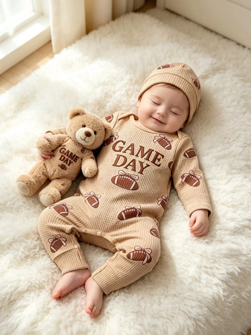Children’s beige football-print Game Day jumpsuit and matching hat worn by a child