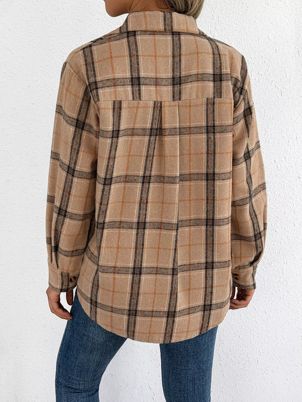 Camel plaid button-down shacket with chest pockets, back view.