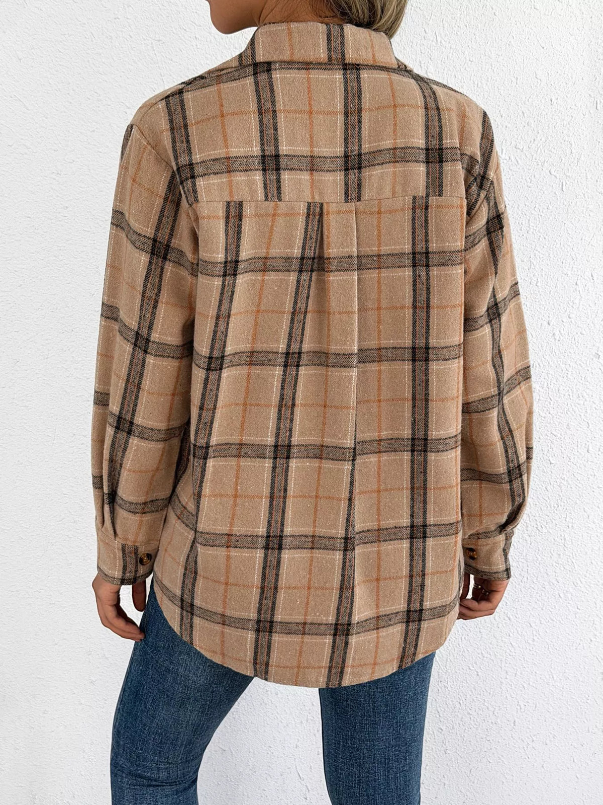Camel plaid button-down shacket with chest pockets, back view.