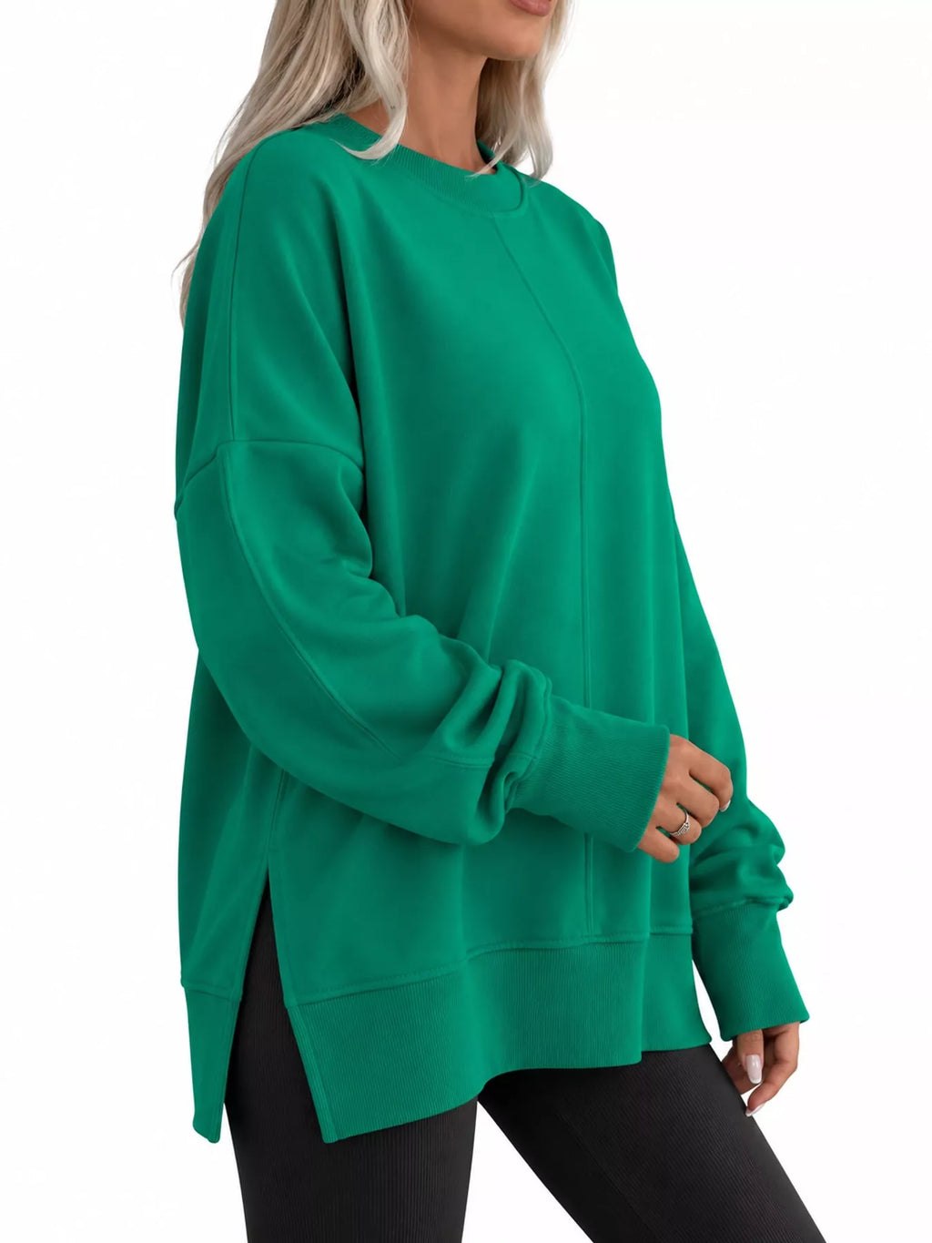 Green oversized Crew Neck Sweatshirt with Side Slit