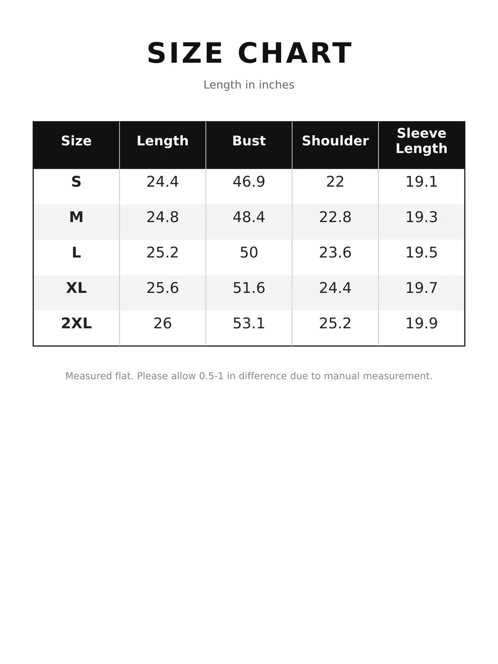 Size chart for the fleece-lined denim jacket, with measurements in inches.