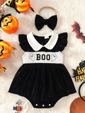 Black baby dress-style romper with white collar, Boo ghost waistband and matching black bow headband.