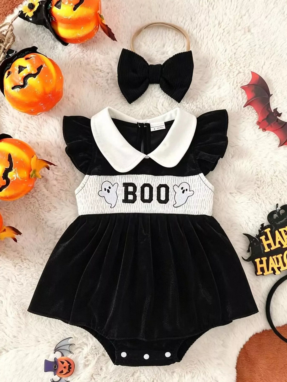 Black baby dress-style romper with white collar, Boo ghost waistband and matching black bow headband.