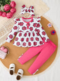 Flat lay of a white pink-floral peplum top, bright pink leggings and matching bow headband.