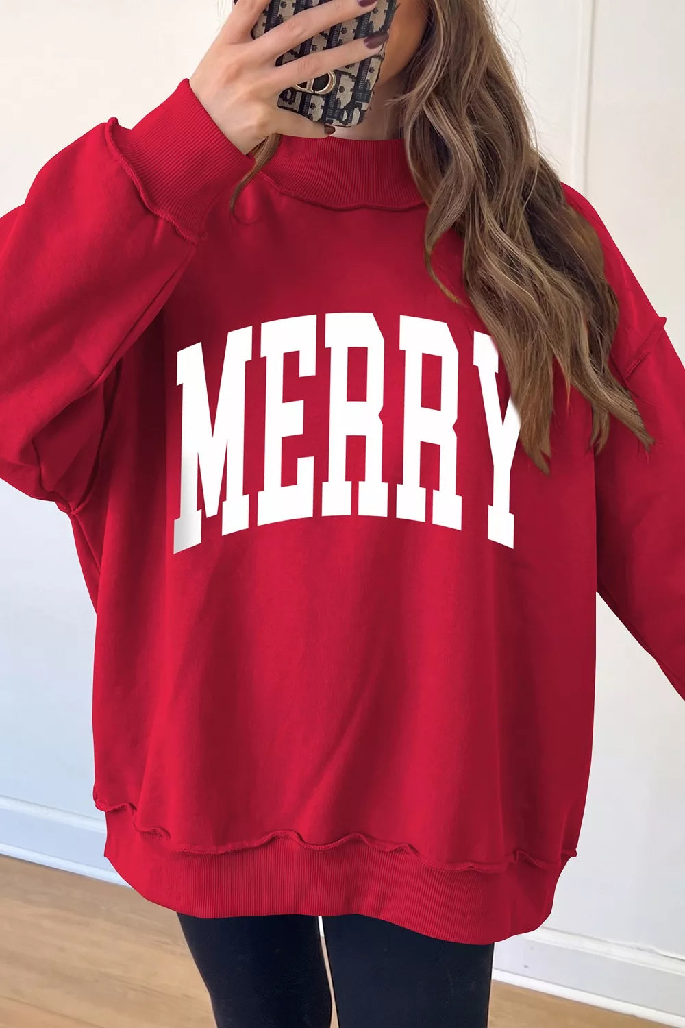 Red christmas Slogan MERRY High Neck Tunic Holiday Sweatshirt