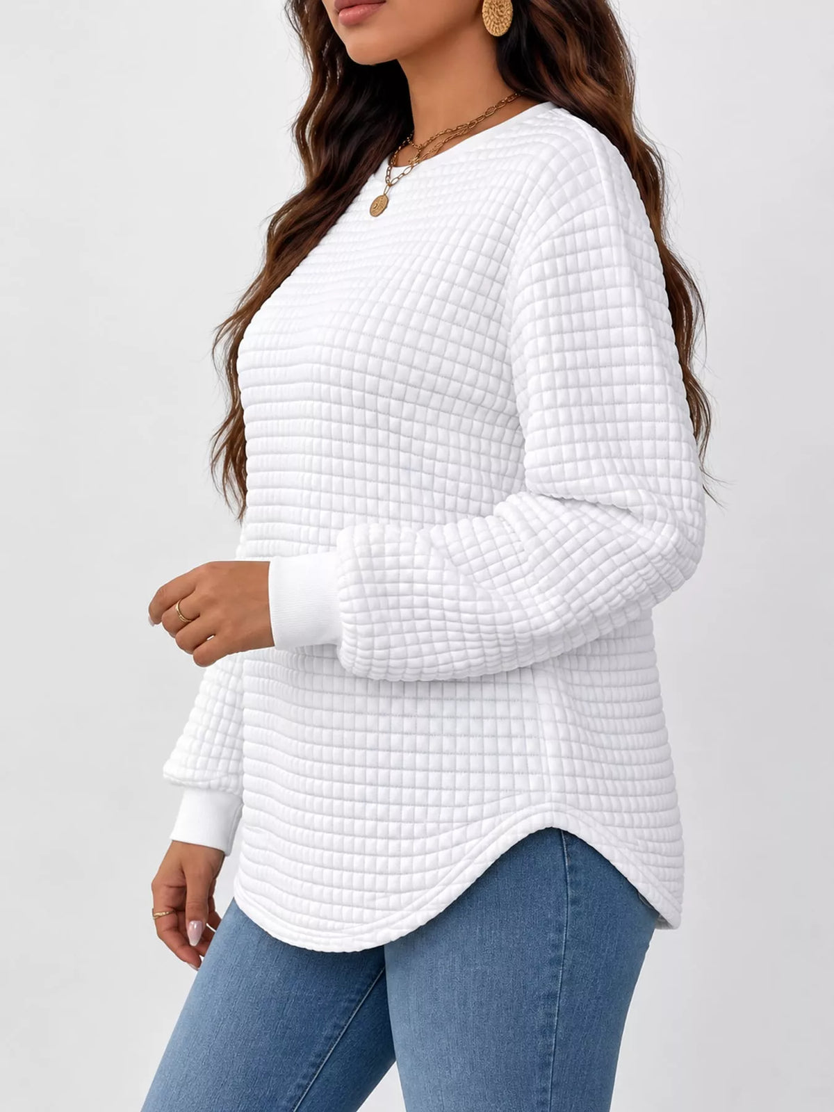 White textured Waffle Knit Crew Neck Sweatshirt