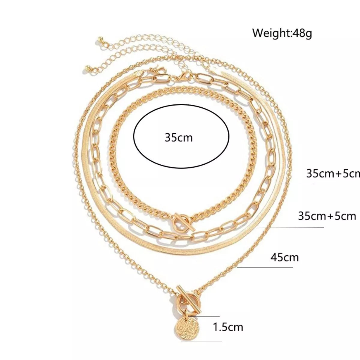 Measurements diagram for four layered gold-tone necklaces with coin pendant and mixed chain styles