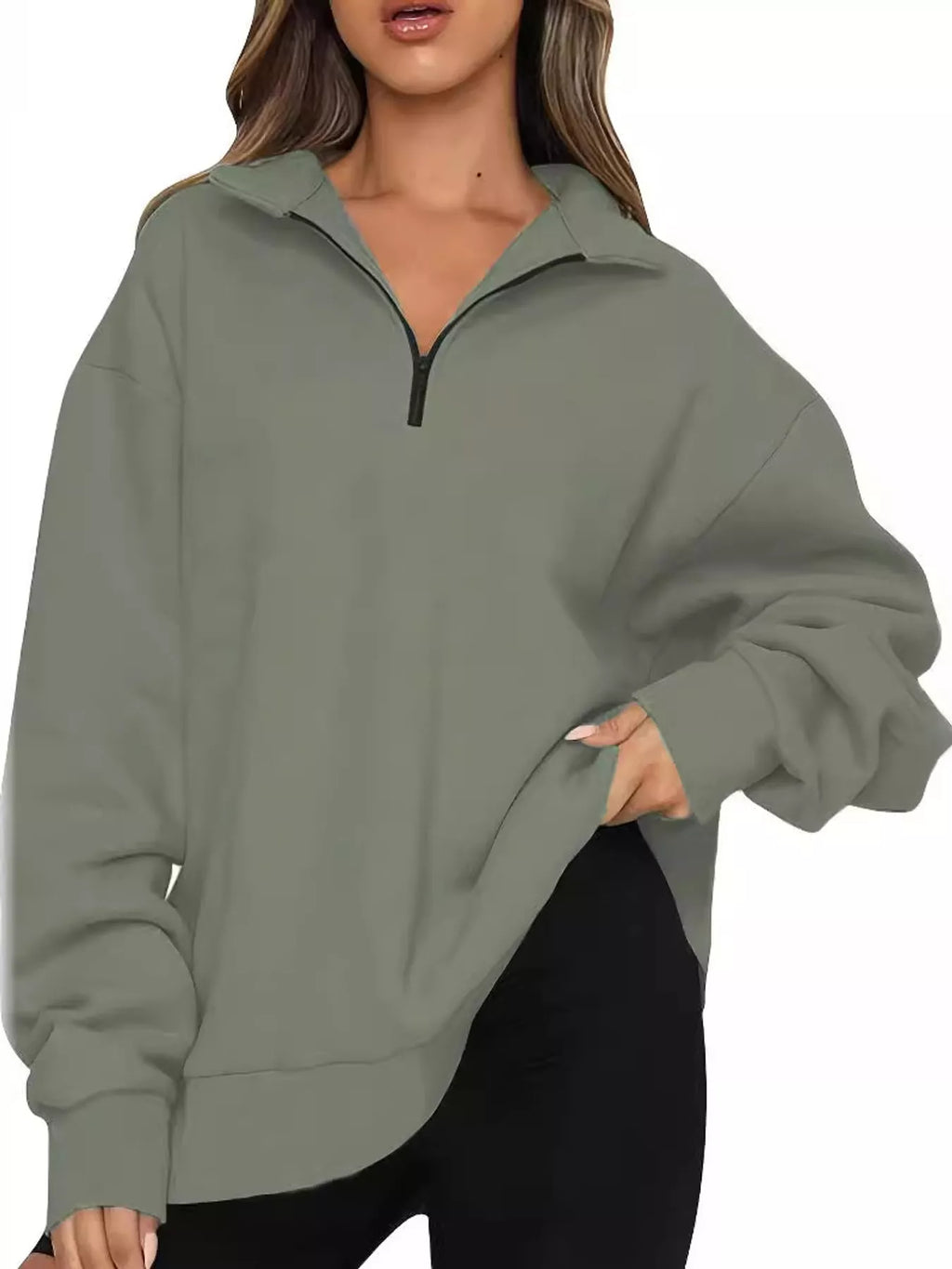 Olive green quarter-Zip Dropped Shoulder Sweatshirt