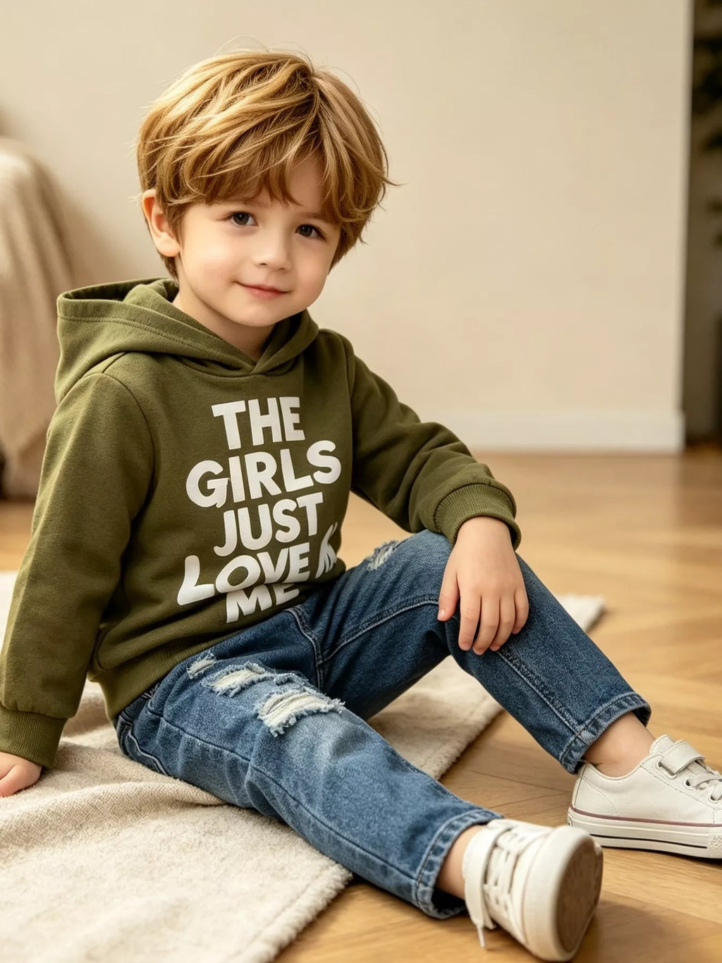 Children’s olive graphic hoodie and distressed blue jeans worn by a child