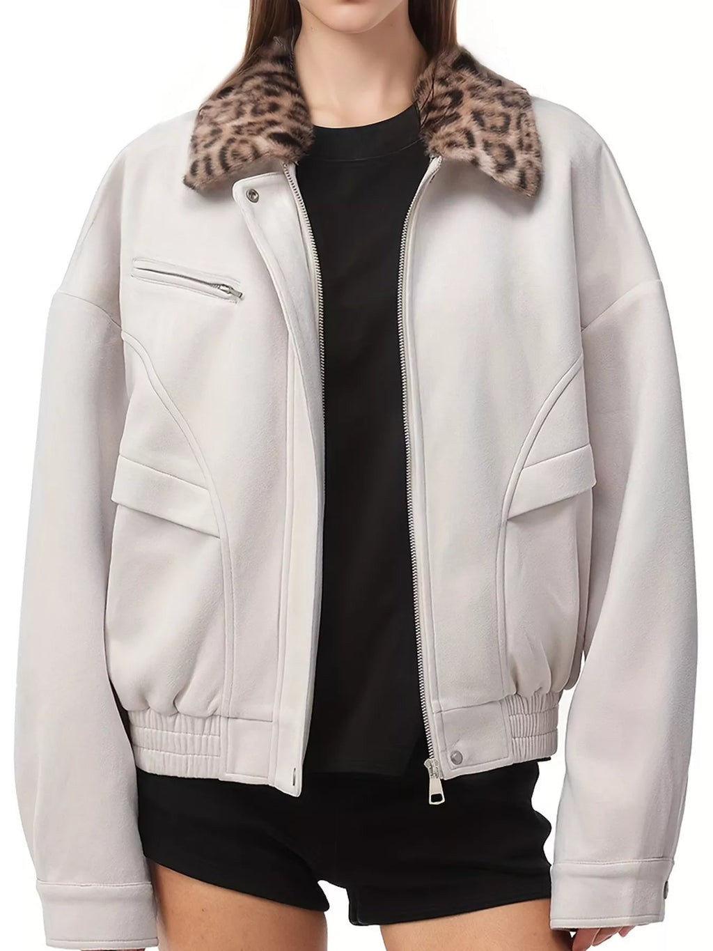 Angled view of the apricot leopard-collar jacket.
