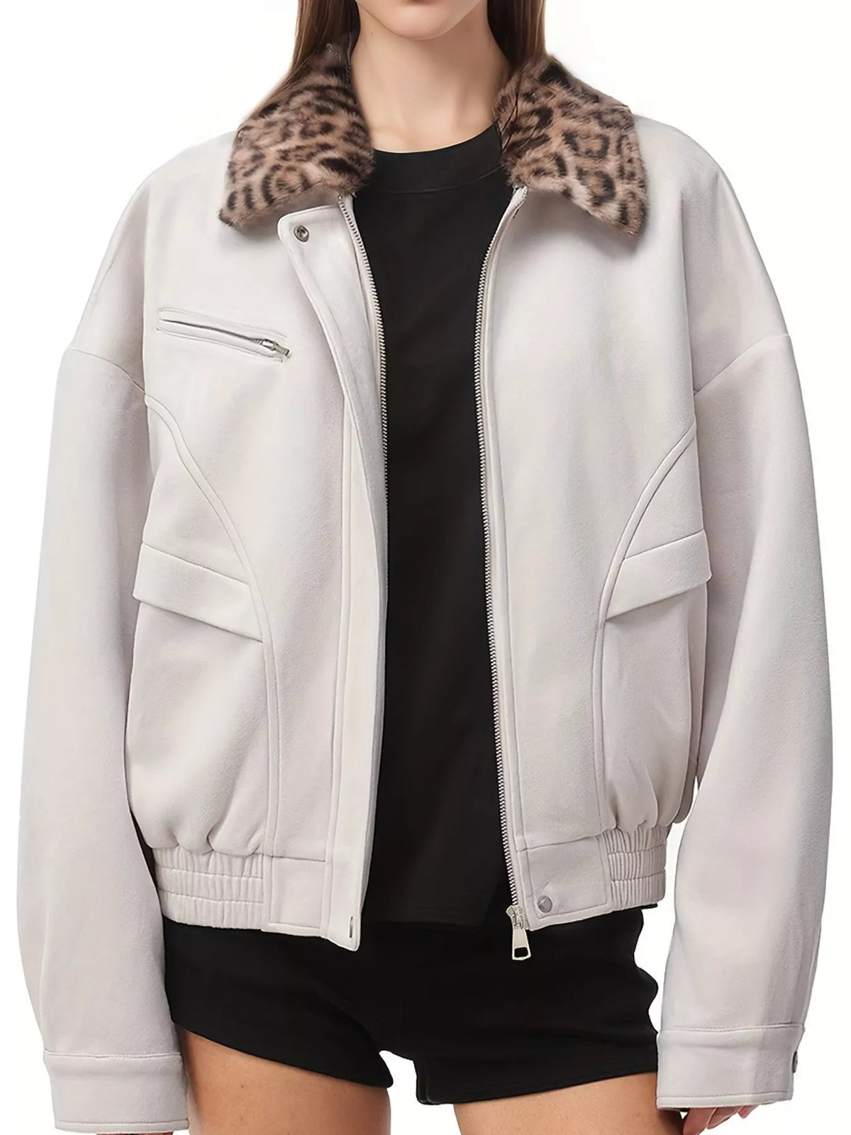 Angled view of the apricot leopard-collar jacket.
