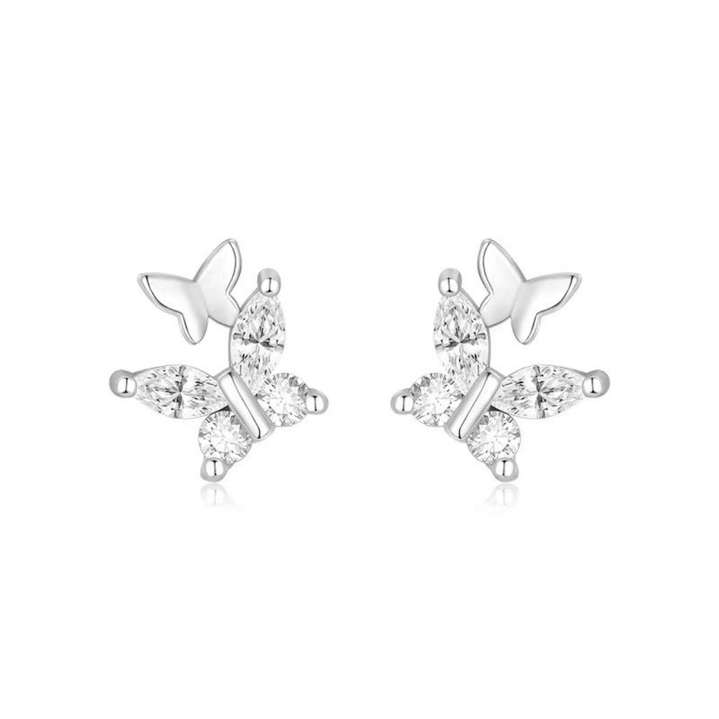 Silver-tone butterfly stud earrings with clear stones — detail view