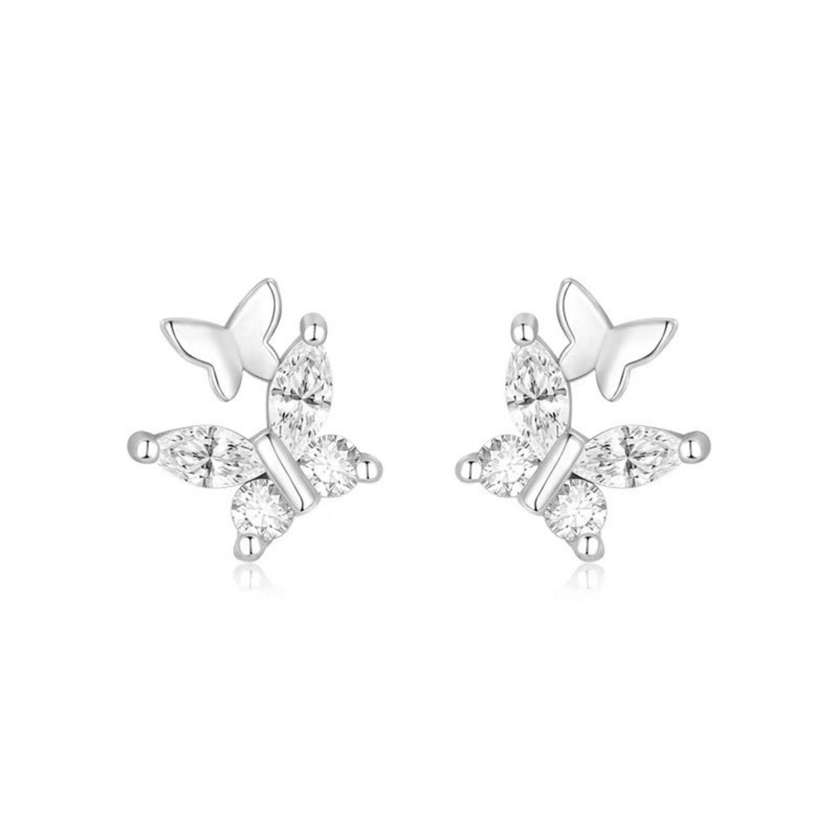 Silver-tone butterfly stud earrings with clear stones — detail view